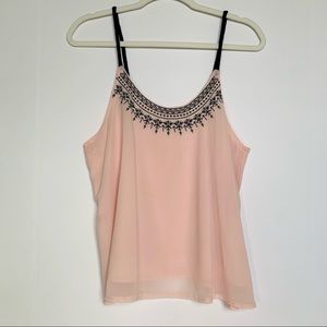 Blush Pink Tank Top with Navy Embroidery & Straps